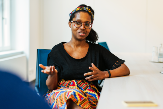 portrait of woman being interviewed