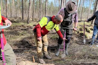 two men with spat planting tree