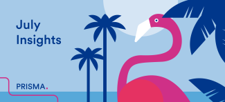 pink flamingo, palm trees, ocean